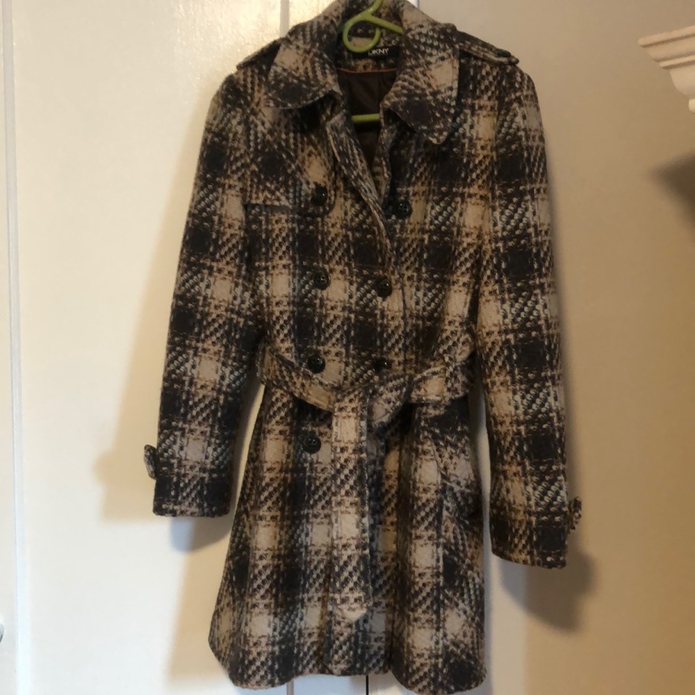DKNY Plaid Trench Coat - Black and Cream